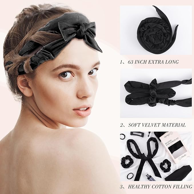 Obeoby Heatless Curls Overnight Set, No Heat Hair Curlers To Sleep In, Hair Rollers with Scrunchies and Clips for Women Long & Short Hair, black
