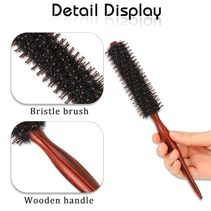 Mozeat Lens Hair Brush, Small Round Boar Bristle Styling Brush with Nylon Pins and Wooden Handle, Volumizing Hair Brush for Straightening Curling Detangling, Travel Size