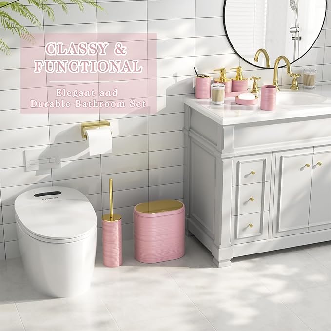 Bathroom Set, 10PC Bathroom Accessory Set, Pink Bathroom Accessories, Pink and Gold Bathroom Set with Trash Can, Soap Dispensers