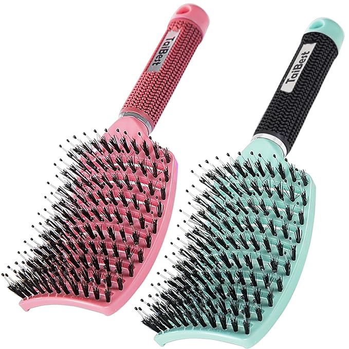 Boar Bristle Hair Brush Set - Dry/Wet Hair Brush Detangler for Fine, Thick, Curly Hair - Curved and Vented Brush for Women, Men or Kids (Green & Apricot Pink)