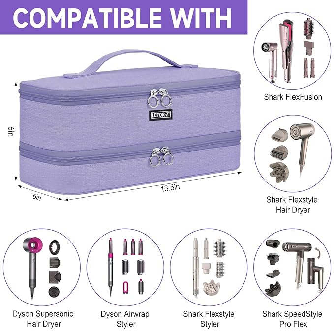 Travel Carrying Case Compatible with Shark Flexstyle/FlexFusion/Hair Dryer,Double-Layer Hair Hot Tools Storage Bag Fits for Dyson Airwrap Styler/Supersonic Hair Dryer and Attachments,Light Purple