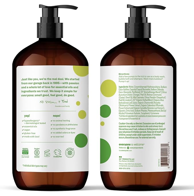 Everyone 3-in-1 Kids Soap, Body Wash, Bubble Bath, Shampoo, 32 Ounce (Pack of 2), Tropical Coconut, made with Essential Oils for Toddlers, tweens and teens