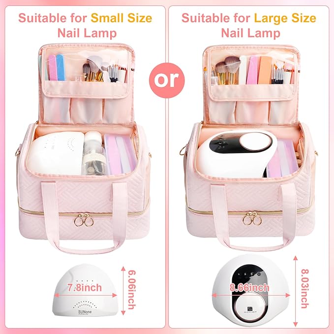 Nail Polish Organizer Bag Holds 80 Bottles (15ml/0.5fl.oz)& Nail Lamp, Soft Velvet Nail Kit Storage Carrying Case with Shoulder Strap, Double Layer Nail Supplies Organizer Handbag Women (Pink)