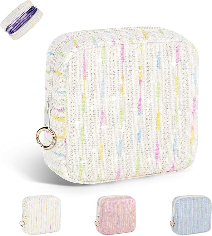 Period Bag for Teen Girls, Colorful Lines Sanitary Napkin Storage Bag, Menstrual Pad Pouches Tampon Holder for Purse (White)