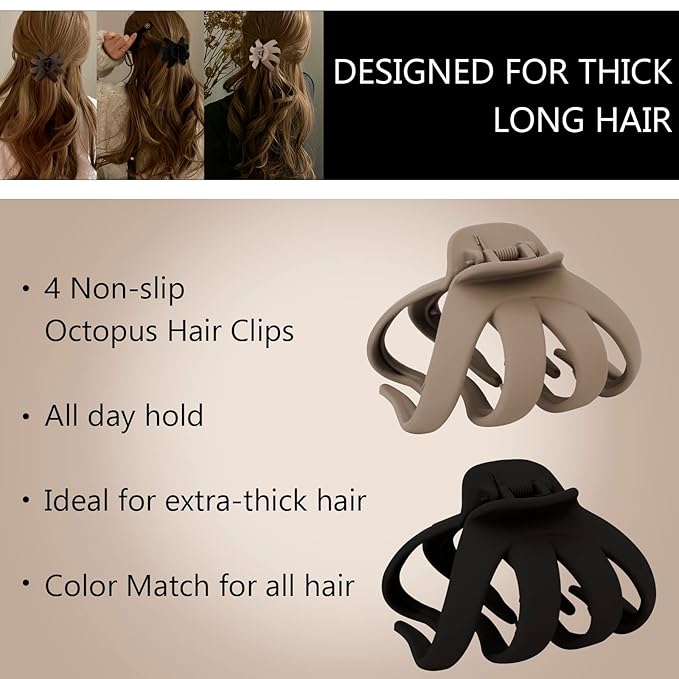 4 Pcs Octopus Hair Clips for Thick Hair - Large Claw Clips for Women, Matte Neutral Color, Strong Grip Non-Slip Jaw Clips