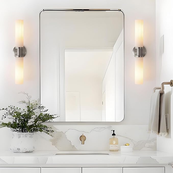 Wall Sconces Set of Two,Brushed Nickel Bathroom Sconces Wall Lighting with White Glass, Modern Sconces Wall Decor Set of 2 Wall Light fixtures for Bathroom Mirror Living Room Hallway Bedroom Wall Lamp