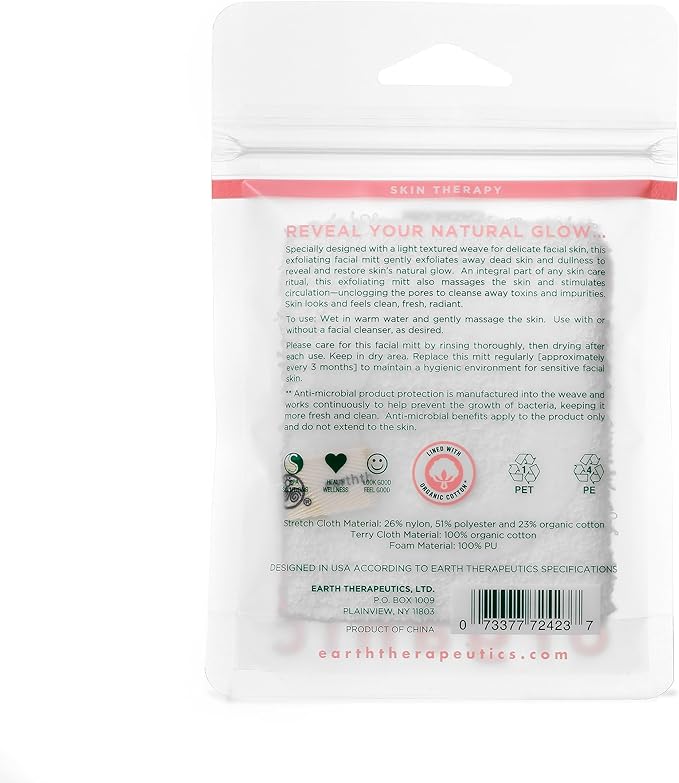 Earth Therapeutics Organic Cotton Exfoliating Facial Mitt- Pink