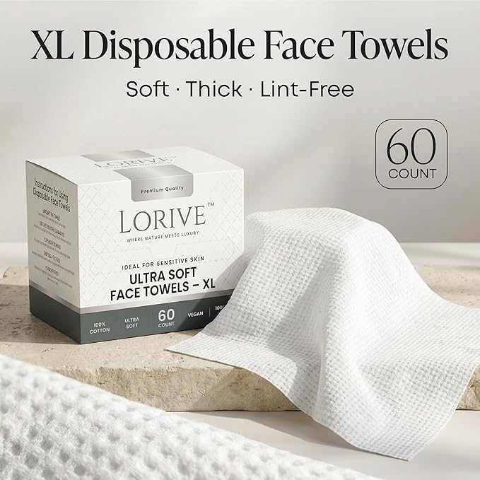 Disposable Face Towels XL 10 x 12, 60 Count – 100% Cotton Clean Skin Towels, Ultra Soft Lint Free Face Towelettes for Skincare & Makeup Removal, Thick Facial Dry Wipes for Sensitive Skin