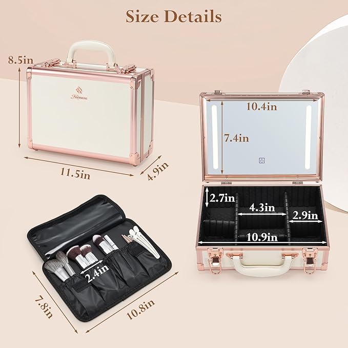 Makeup Train Cases with Light Up Mirror 3 Color Setting, Lighted Makeup Case Organizer with Detachable Tray, Travel Makeup Box with Light for Make up Tools Storage (White & Gold)