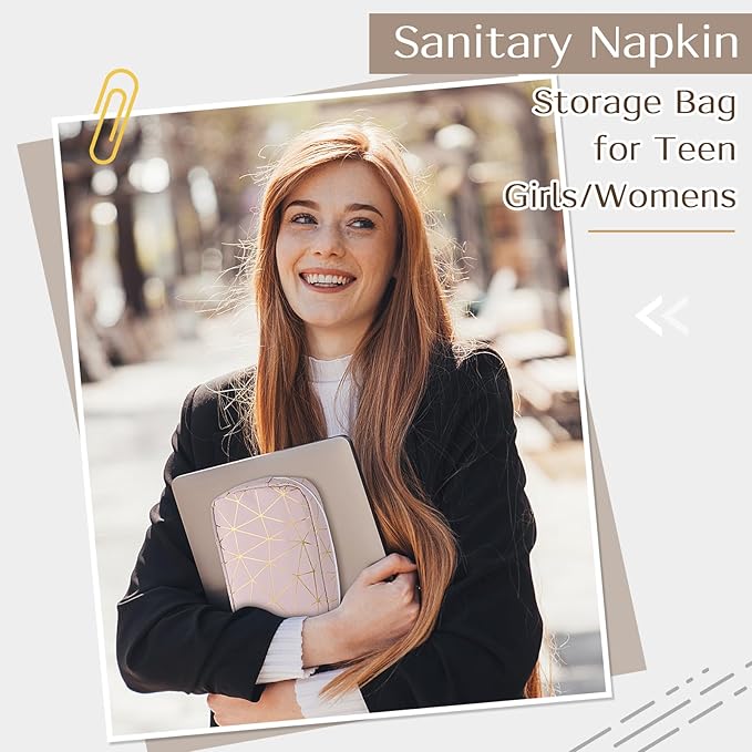 Period Bag for Girls Womens, Leather Sanitary Napkin Storage Bag, Portable Menstrual Pad Bag Period Pads Pouch (Beige Gold)