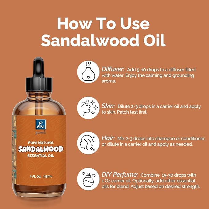 Sandalwood Essential Oil 4 Oz, 100% Pure Sandalwood Oil for Diffuser, Skin, Hair, Body & Face, Perfume Base Note for Men & Women, Aromatherapy & Massage