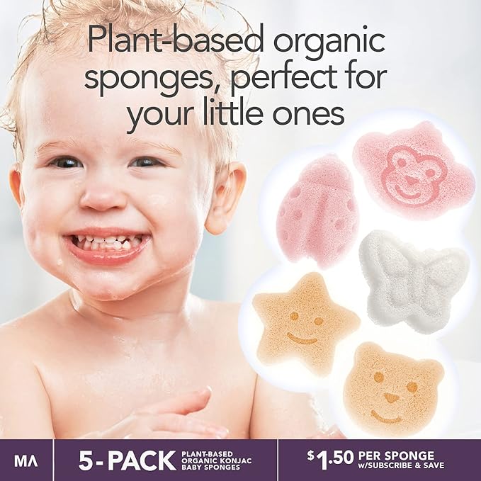 Konjac Baby Sponge for Bathing | Natural Cute Shapes | Kids Bath sponges for Infants | Toddler Bath time | Safe Organic Plant-Based | 5pcs Set : Bear, Monkey, Butterfly, Ladybug, Star