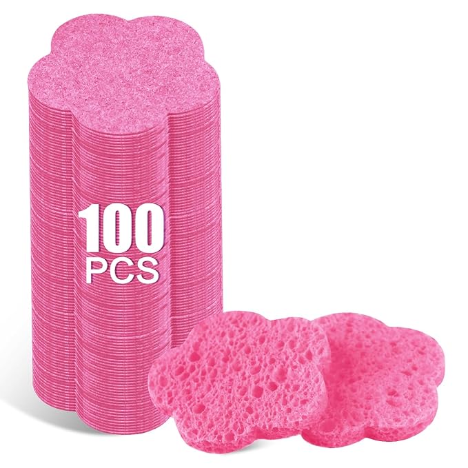 100-Count Facial Sponges Compressed Facial Sponges Natural Facial Cleansing Sponges Pads Cute Flower Shape Exfoliating Sponges for Cleansing Reusable,Best Makeup Gift, Pink