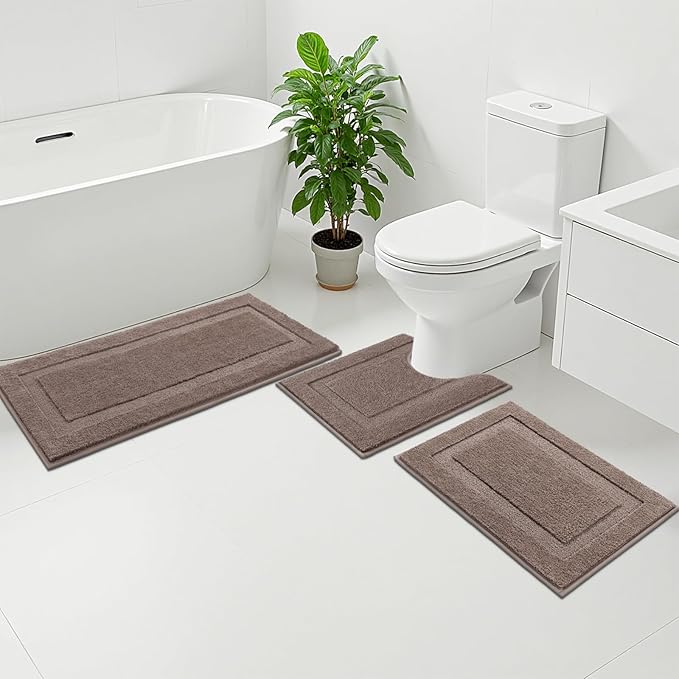 SHACOS Brown Bathroom Rugs Sets 3 Piece, 20"x32" + 20"x47" Non Slip Bath Mat 20"x24" U Shaped Toilet Rugs Washable, Soft Fluffy Water Absorbent Bathroom Floor Mat Rug