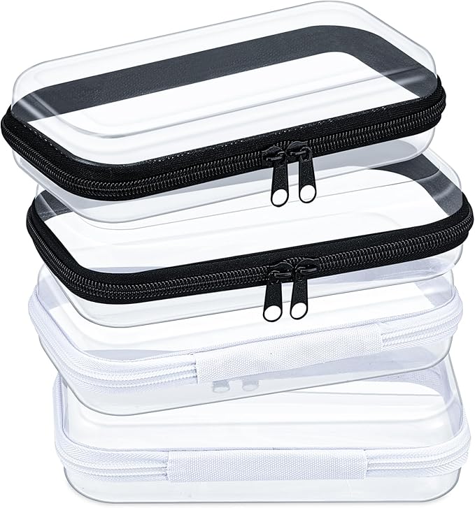 Hoolerry 4 Pcs Hard Clear Zipper Case Makeup Bags Plastic Zipper Pouch Transparent Storage Box Containers for Cosmetics, Snacks, Building Blocks, Puzzles(Clear,7.5 x 3.9 x 2 in,Black and White)