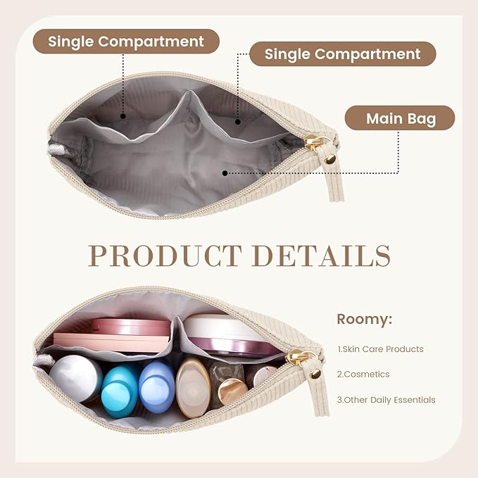 MAGEFY Small Makeup Bag, Corduroy Small Pouches for Purse Cosmetic Bag Makeup Pouches for Key Pocket Lipstick Bag Card Holder Data Cable Organizer(Beige,Small)
