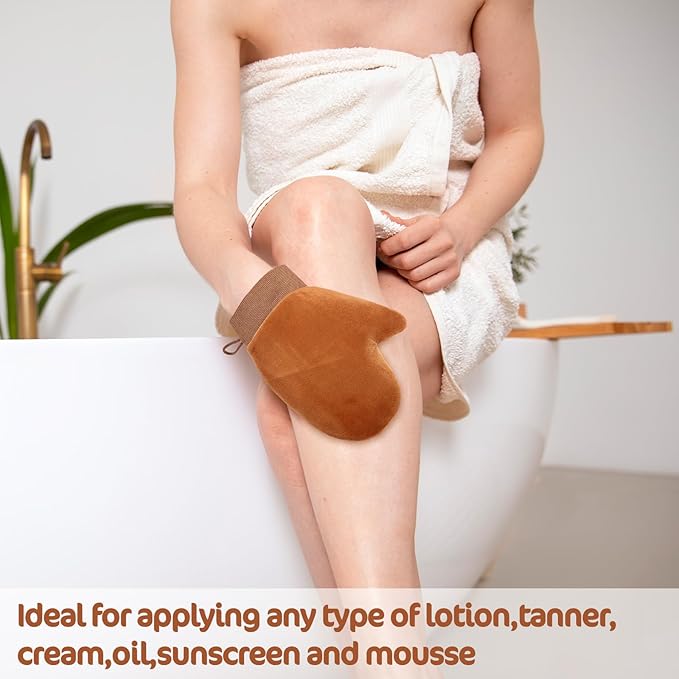 TIESOME 4 Pcs Self Tanning Mitt Applicator Kit, 4 in 1 Reusable Tanning Glove Accessories with Back Lotion Applicators for Your Back for Face Body Streak Free Tan Mitt (brown)