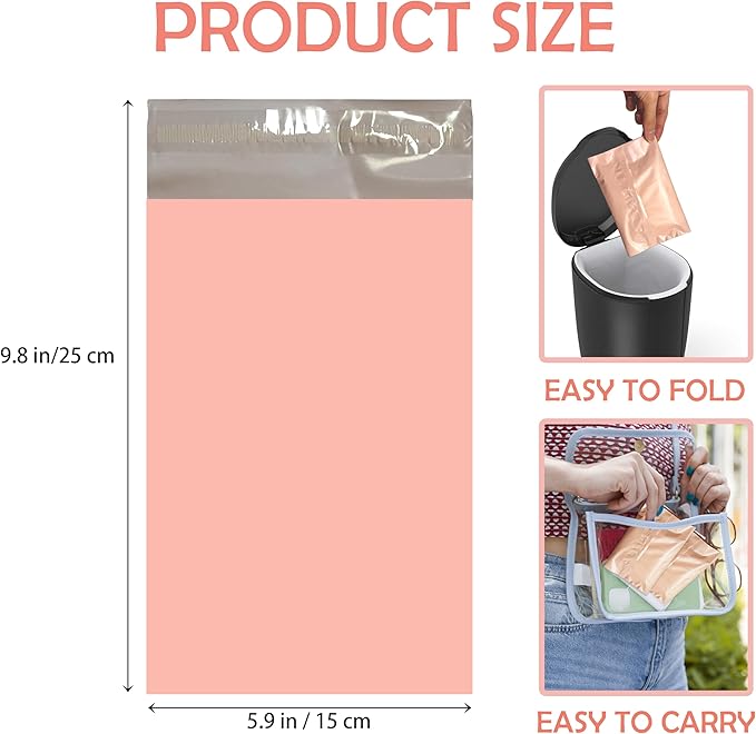 Disposable Sanitary Bags, 100 Pcs, Pink, Self-sealing, Odor-proof, Rectangular, Plastic, 10" x 6" Bags for Feminine Hygiene, Personal Waste, or Pet Waste