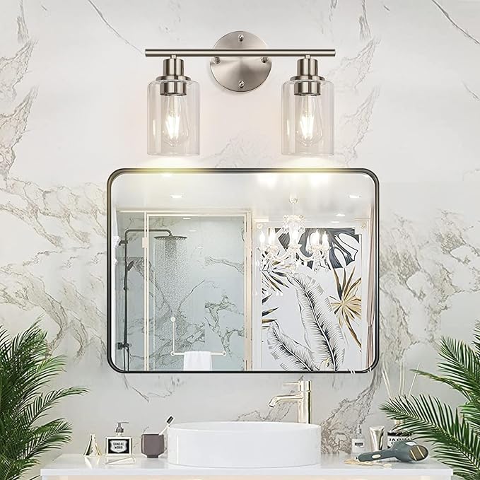 2-Light Bathroom Light Fixtures, Brushed Nickel Vanity Light, Modern Vanity Lights with Clear Glass Shade, Bathroom Wall Lamp for Mirror Kitchen Living Room Hallway Cabinet Porch