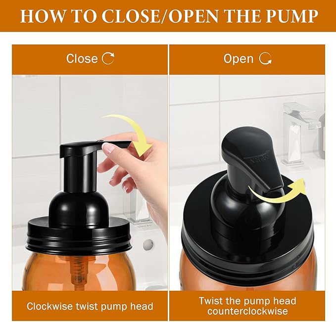 Amolliar Plastic Mason Jar Foaming Soap Dispenser Pump Lid, 16oz Foam Soap Dispenser with Cute Lables - Amber Refillable Hand Soap Dispenser for Bathroom Kitchen Shower (2 Pack, Black)