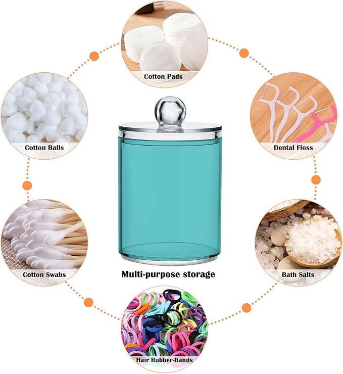 Pale Turquoise Qtip Holder Organizer Dispenser Cotton Swabs Cans Plastic Jars with Lid Set 4 Pack Bathroom Storage Canister for Cotton Ball Floss Cotton Pads
