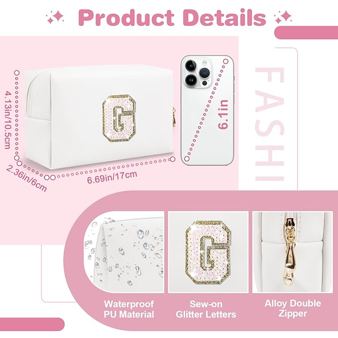 Small Initial Patch Makeup Bag Personalized Gifts Make Up Bag,White Cute PU Leather Glitter Letter Cosmetic Bag with Zipper,Trendy Portable Travel Toiletry Pouch,Preppy Stuff for Teen Girls Women G