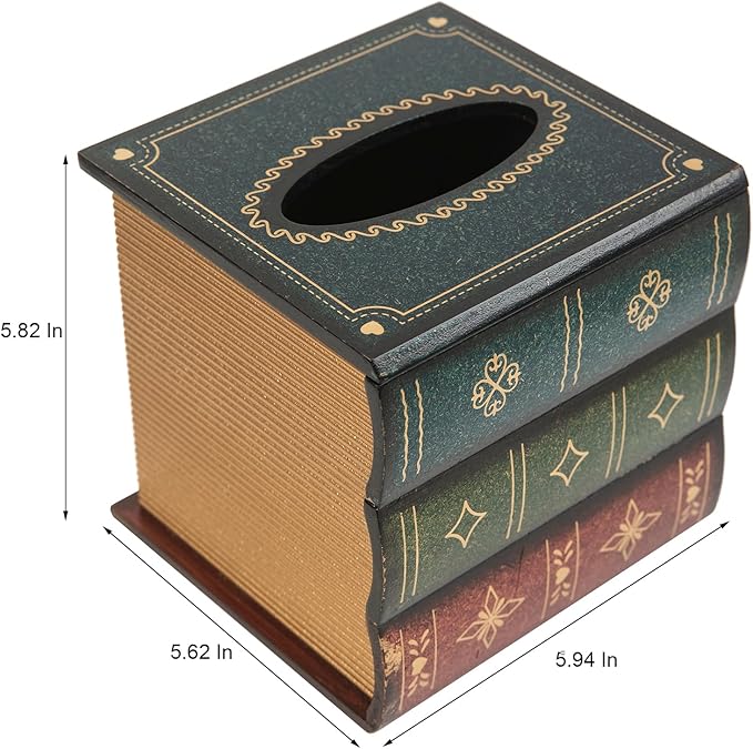 Crafted Classical Retro Wooden Antique Book Tissue Box Cover Square Tissue Holder Dispenser Paper Cover Case Napkin Holder Home Decor for Bathroom Living Room Office car Kitchen (Green)