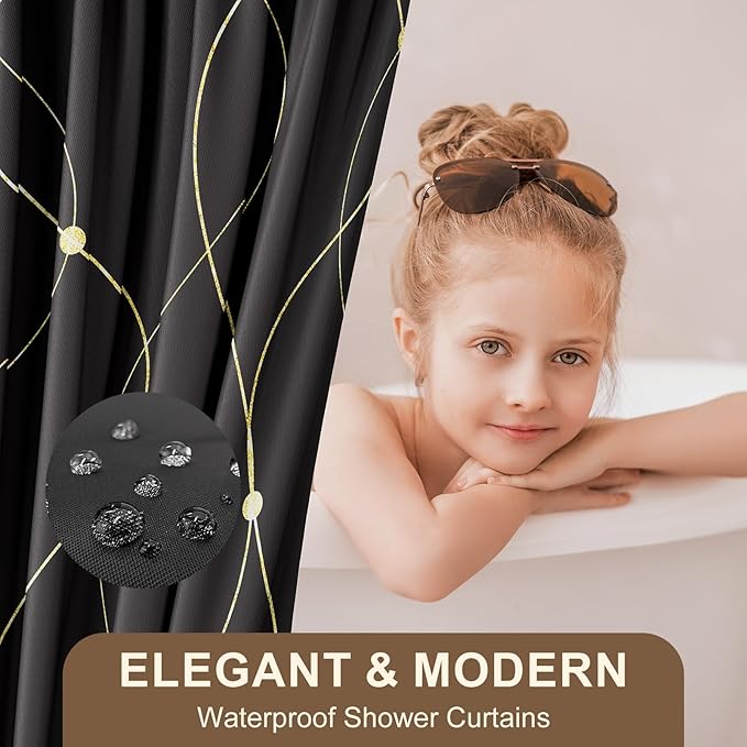 Black and Gold Bathroom Accessories Set - 24PCS with Shower Curtain, Rugs, and Waterproof Curtain Set
