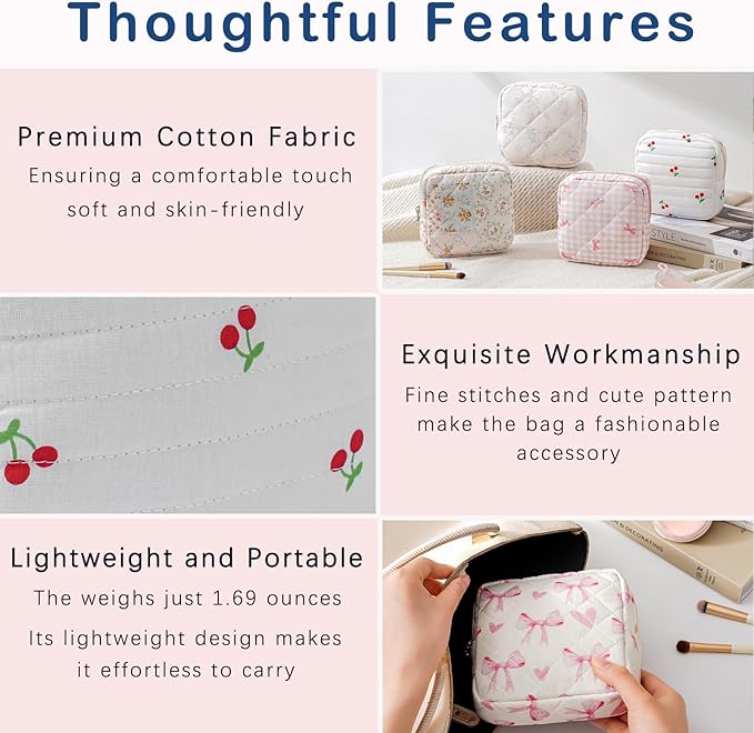 Small Quilted Cosmetic Pouch for Purse, Mini Cotton Makeup Bag with Compartments, Cute Zipper Lipstick Holder for Women (12Cherry)