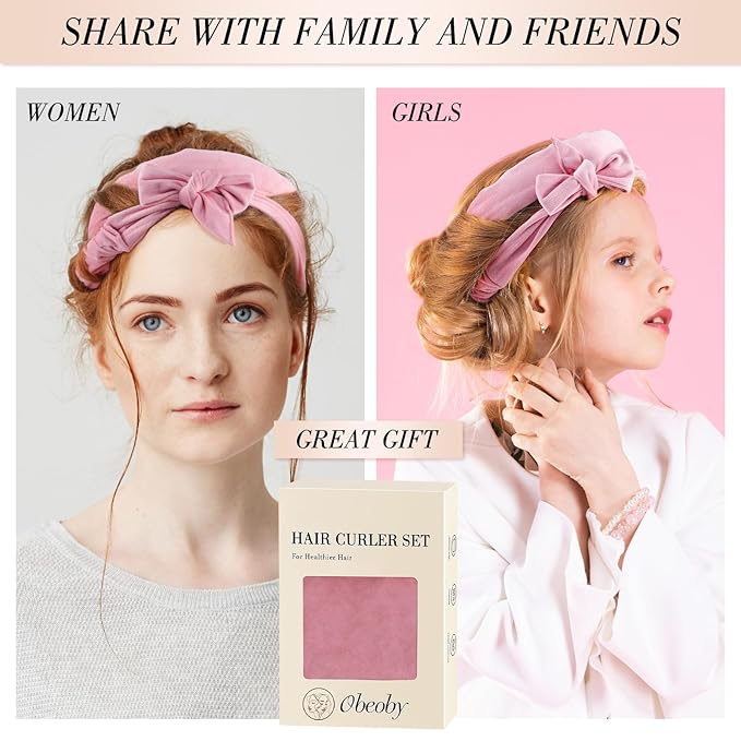 Obeoby Heatless Curls Overnight Set, No Heat Hair Curlers To Sleep In, Hair Rollers with Scrunchies and Clips for Women Long & Short Hair, pink