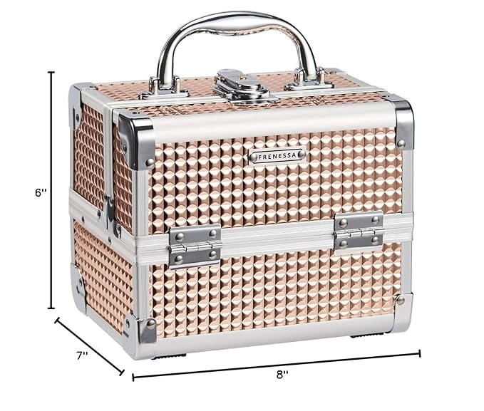 FRENESSA Makeup Case Train Case Portable Makeup Box with Mirror Lock Box Travel Cosmetic Train Cases Hard Makeup Organizer for Nail Craft Storage Vanity for Girl Rose Gold