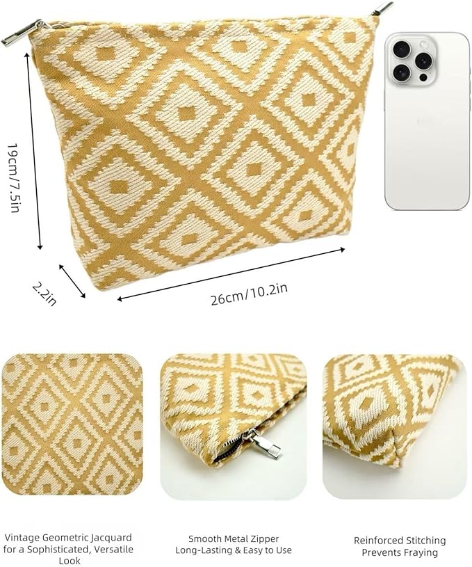Parallel Checkered Embroidery Yellow Makeup Bag for Women Girls - Large Capacity Cosmetic Pouch | Travel Toiletry Bag & Purse Organizer