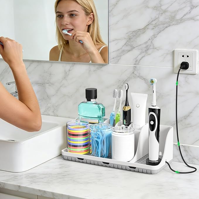 Bathroom Counter Organizers and Storage, Toothbrush Holders for Bathrooms with 3 PCS Qtip Holder, Kids Electric Toothbrush and Toothpaste Holder for Bathroom Vanity Sink Organizer (White)