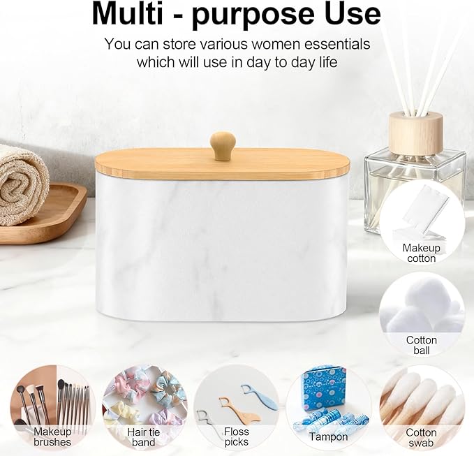 Cotton Swab Holder, Round Cotton Pads Balls Qtip Holder Dispenser with Lid, 2 Compartments Qtips Holder, Tampoms Period Box Bathroom Organizers Storage Bin Floss Dispenser Vanity Cosmetics, White