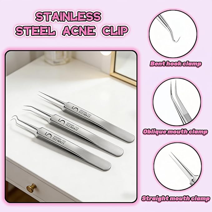 Professional Blackhead Remover Tweezers Set, Stainless Steel Pimple Extractor Tool Kit with Straight, Angled and Curved Tips, 3 Piece Set with Storage Case