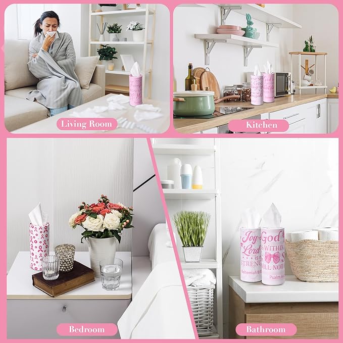 Outus 12 Pcs Christian Car Tissues Cylinder Holder with 3 Ply Facial Tissue Bulk Pink Bow Religious Round Tissue Holder Inspirational Scripture Travel Tissues Boxes Container for Car Cup Home Office
