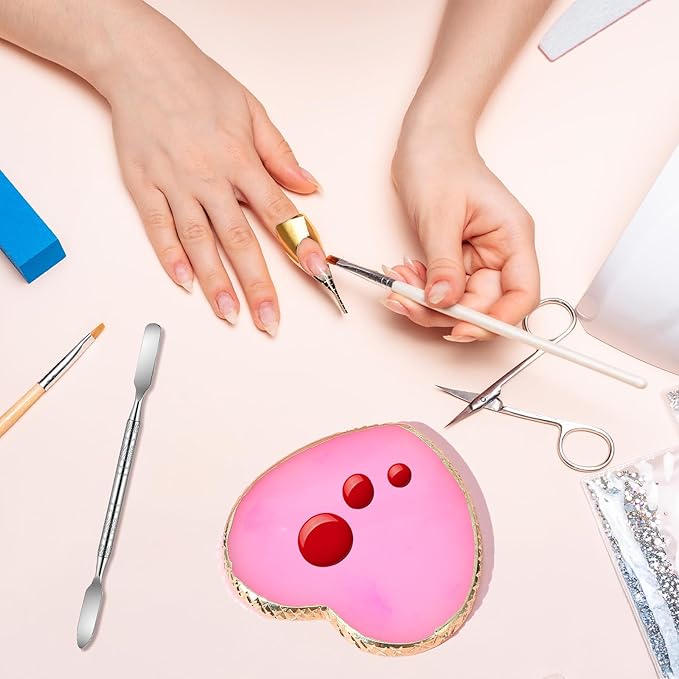 1 Piece Nail Polish Plate Mixing Plates Nail Art Plate with Spatula Nails Polish Holder for Nails Art Display and Design Heart Shape Cosmetic Mixing Palette Sliver Edge Pink Women Gifts
