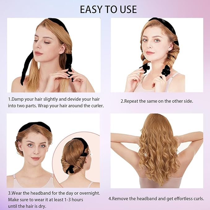 Heatless Curling Rod Headband, 63inch Black Long Heatless Curls Headband, Soft Hair Curlers to Sleep In (Black)