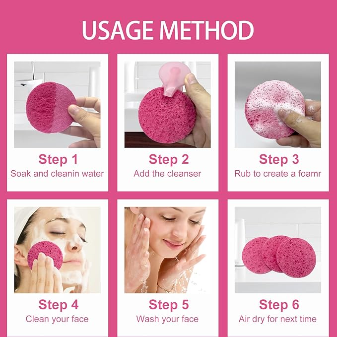 50-Count Large Compressed Facial Sponges for Estheticians,Daily Cleansing and Gentle Exfoliating- 100% Natural Cellulose Spa Sponge Perfect for Removing Dead Skin,Dirt and Makeup(Round 2.95",Pink)