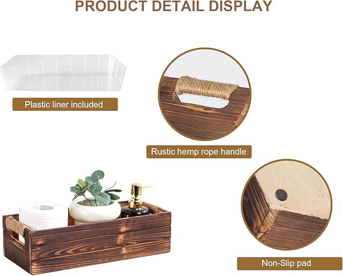 TIMRIS Rustic Wooden Box, Toilet Paper Holder, Farmhouse Bathroom Decor, Toilet Tank Basket, Decorative Storage Container (Rustic Brown)
