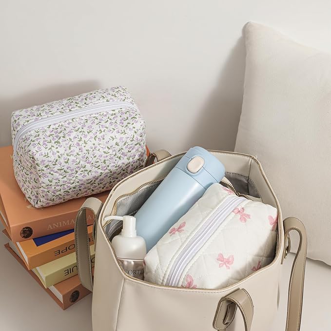 2 Pcs Quilted Cotton Makeup Bag Set, Small Aesthetic Cosmetic Bag with Bow Pattern, Cute Makeup Pouch for Purse, Kawaii Trendy Preppy Travel Toiletry Bag for Women and Girls(19 Pink Bow Set)
