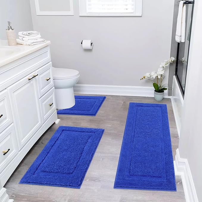 SHACOS Soft Fluffy Bathroom Runner Rugs Set of 3 Bath Mats with U Shape Toilet Rugs Non Slip Washable Bath Rugs Absorbent Bathroom Carpet for Shower Tub, Royal Blue