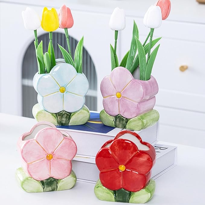 TANG SONG Ceramic Bloom Five Petals Make up Brush Holder Flower Cosmetic Storage Box Pen and Pencil Holder Desktop Organizers (Blue)