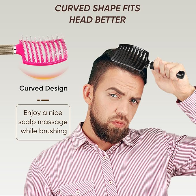 2 Pack Curved Vented Detangling Brush for Wet & Dry Hair, Paddle Styling Brush for Faster Blow Drying, Detangler for Women, Men, Curly, Thick Hair