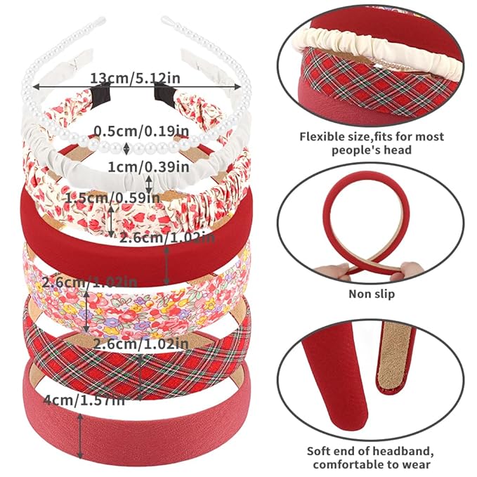 AHONEY 7 Pack Red Headbands for Women Girls Cute Headbands Fashon Non Slip Hairbands Hair Accessories Multi-style Headband Pack