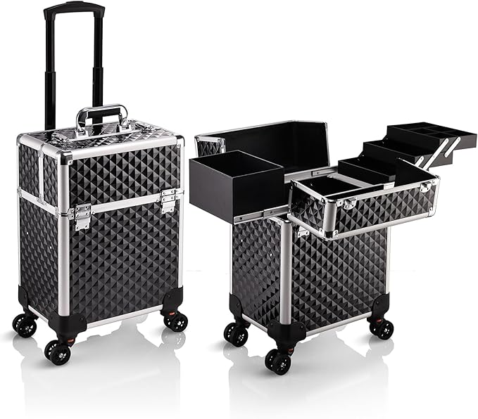 Stagiant Rolling Makeup Train Case Large Storage Cosmetic Trolley 4 Tray with Sliding Rail Removable Middle Layer with Key Swivel Wheels Salon Barber Case Traveling Cart Trunk