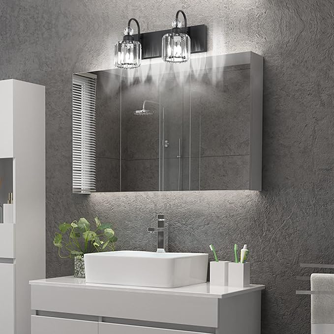 Ralbay Modern Vanity Lights - 2-Light Black Crystal Bathroom Wall Fixtures