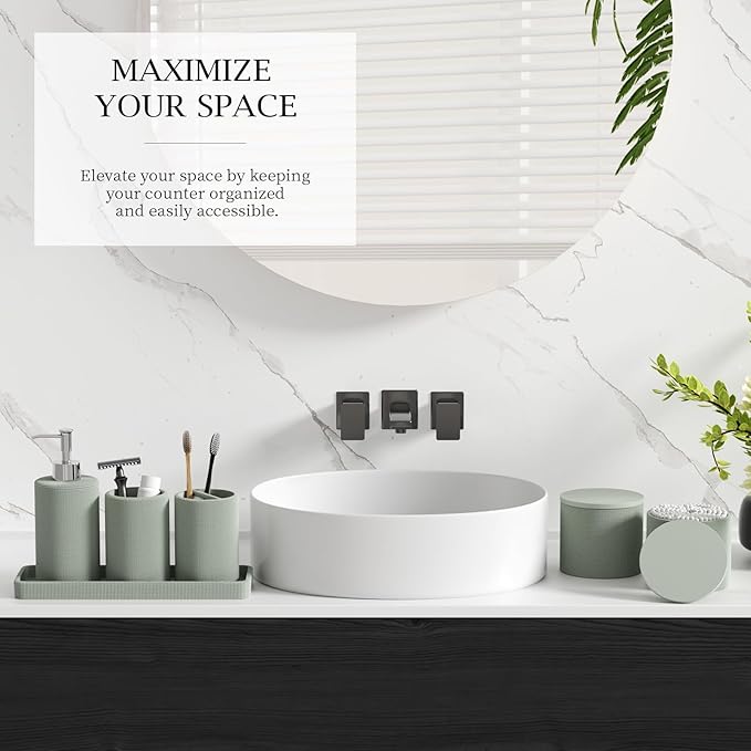 6-Piece Green Bathroom Set - Mesh Textured Resin Bathroom Accessories Set with Soap Dispenser, Toothbrush Holder, Cup, Vanity Tray & Apothecary Jars for Small Spaces
