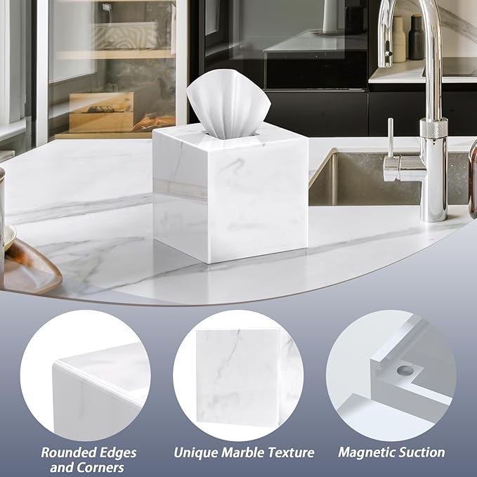 SILUT Tissue Box Cover Square, Marble Texture Tissue Box Holder, Decorative Tissue Holder for Bathroom, Kitchen, Vanity, Modern Tissues Organizer