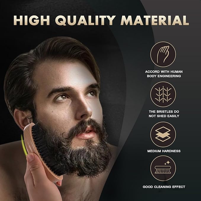 Boar Bristle Beard Brush for Men - Wooden Beard Brush and Comb Set with Beard Scissors, Pocket Travel Men's Wooden Mustache Brush for Beard Care